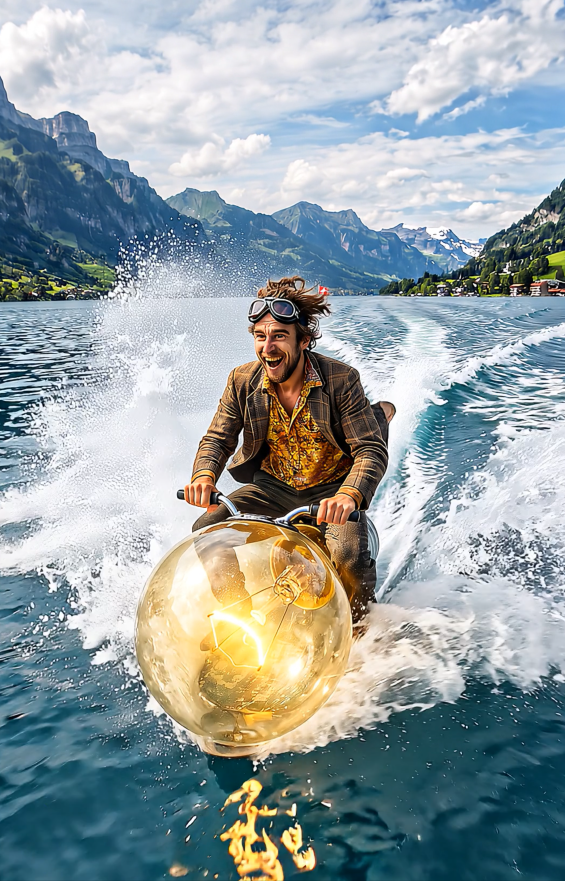Tonti fährt mit einer leuchtenden Glühbirne über einen Alpensee